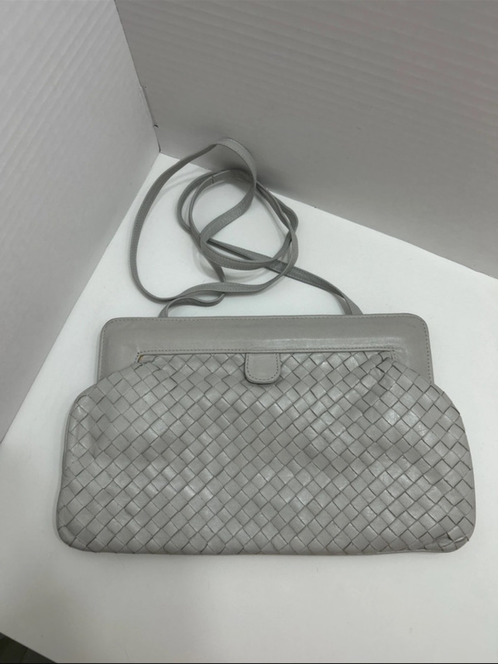 Vintage Meyers USA Light Gray Woven Leather Crossbody Bag